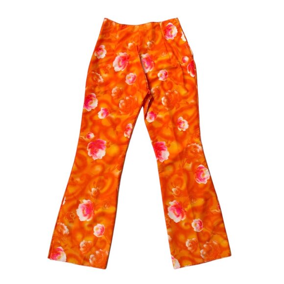 60s vintage highwaisted flare pants psychedelic pattern print orange roses. - Picture 3 of 7